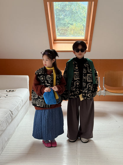 ボアジャケット キッズ 総柄 レトロ 厚手 ノーカラー もこもこ アウター【mh0011658】