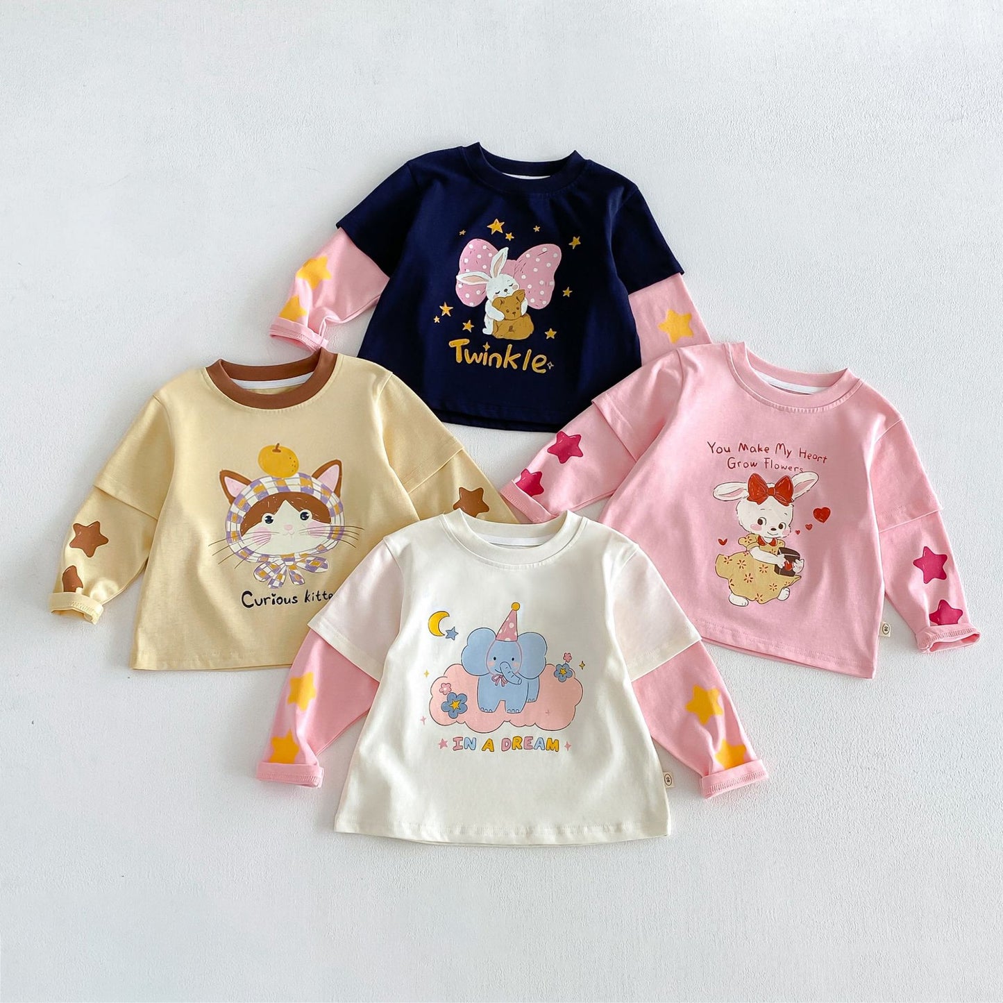 Camiseta de manga larga efecto doble capa con personajes infantiles para niños【mh0014041】