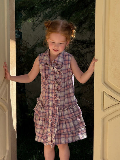 Sleeveless Plaid Patchwork Ruffled Dress チェック ノースリーブワンピース【mh0013265】