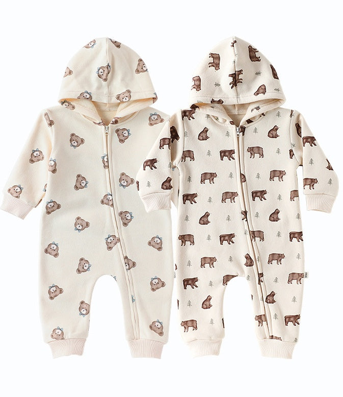 長袖ジップアップジャンプスーツ フーディロンパース ベアくまプリント【mh0011721】