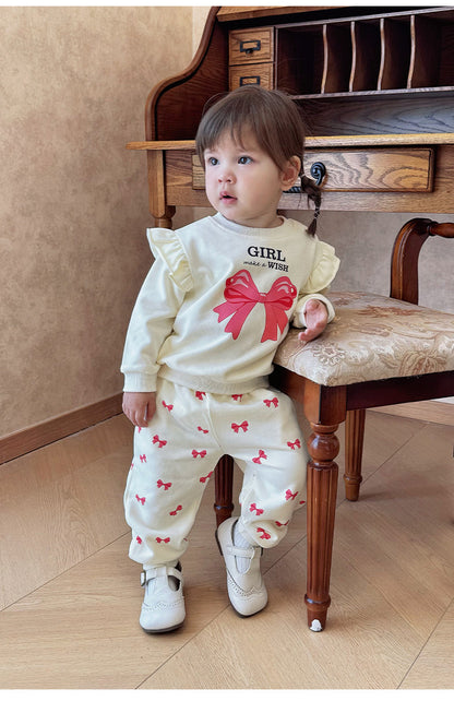 長袖セットアップ リボンプリントフリルスウェットシャツ/スウェットパンツ【mh0011722】