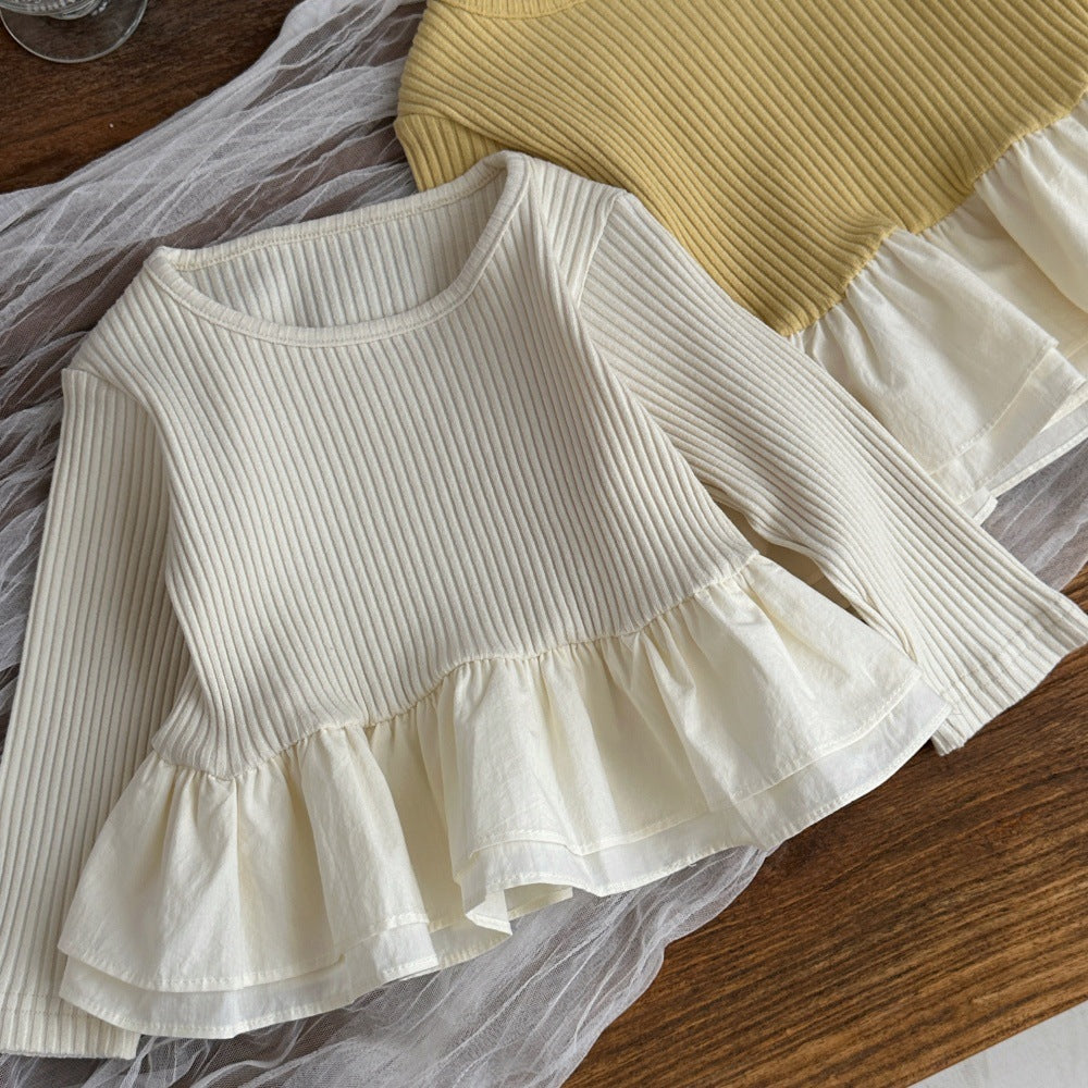 Camiseta de manga larga acanalada con volantes estilo peplum para bebés y niños 【mh0014484】