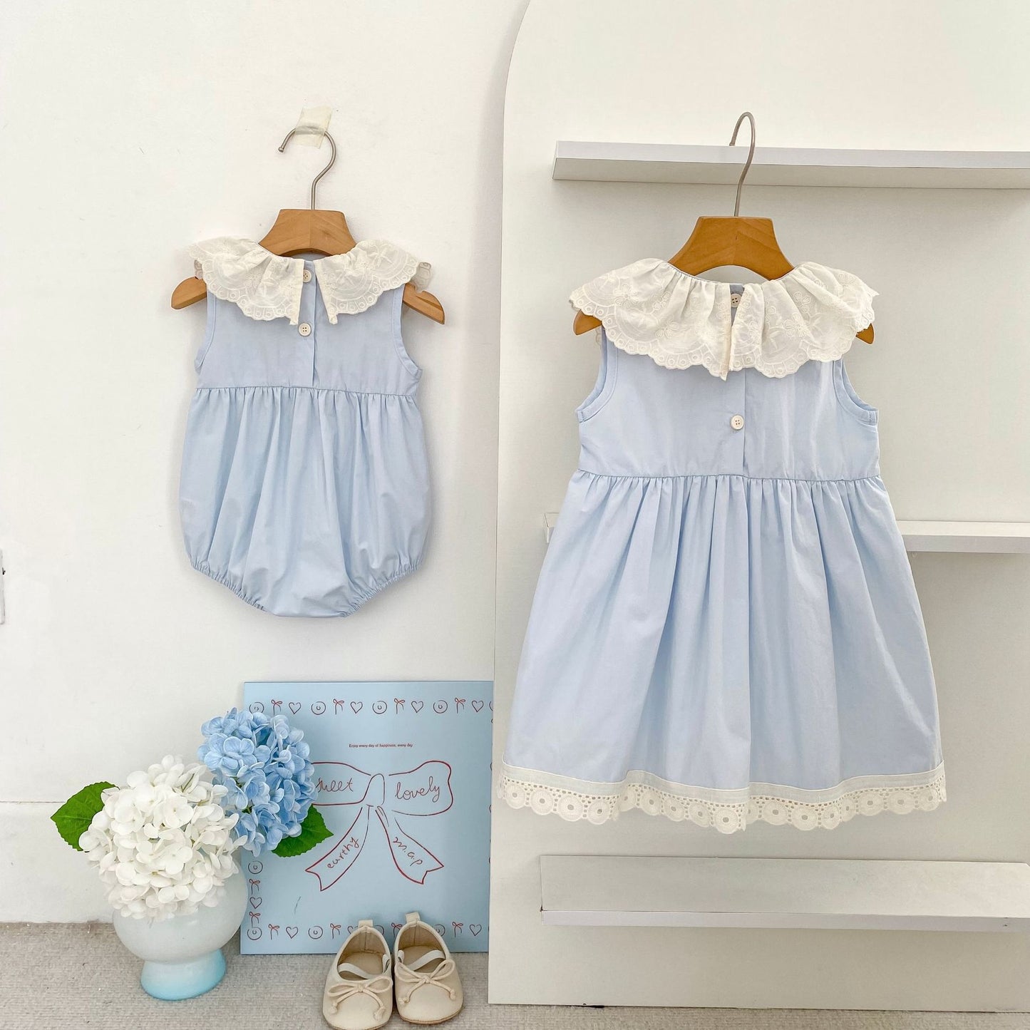 Vestido midi tipo pelele con cuello de encaje con volantes【mh0013162】