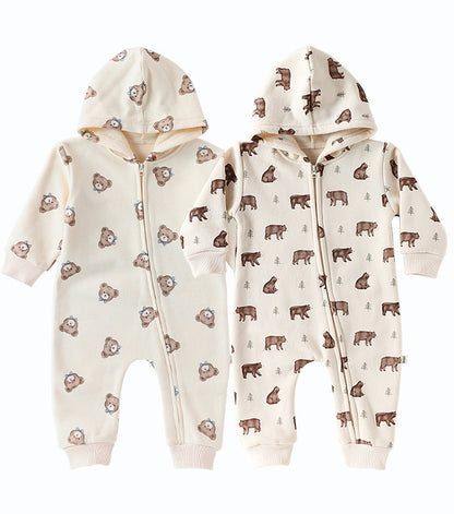 長袖ジャンプスーツ フーディジップアップ クマ柄 裏起毛【mh0011714】