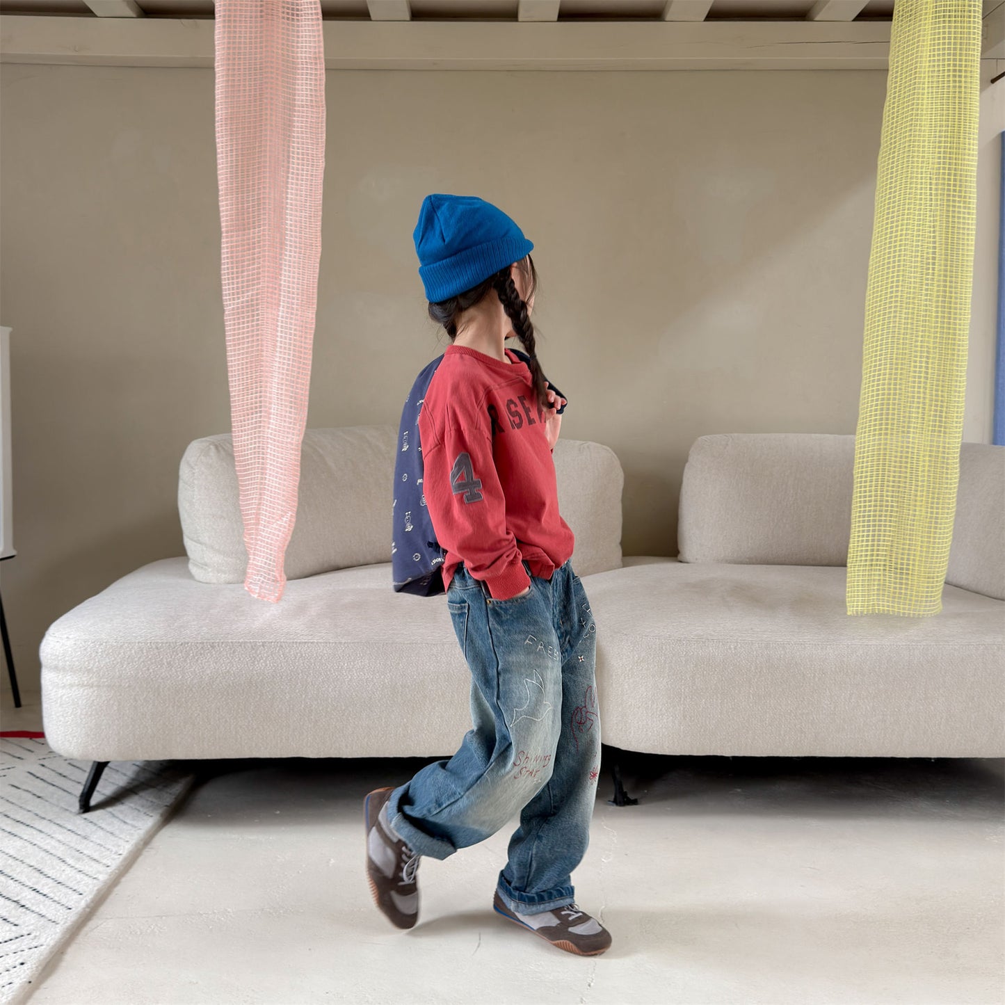 Kids' Hand-Drawn Print Pocket Loose Denim Pants [mh0014063]