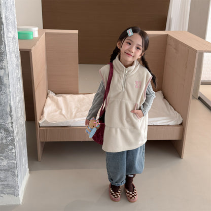 Kids' Embroidered Number Stand-Collar Half-Zip Fleece Long Vest【mh0014559】