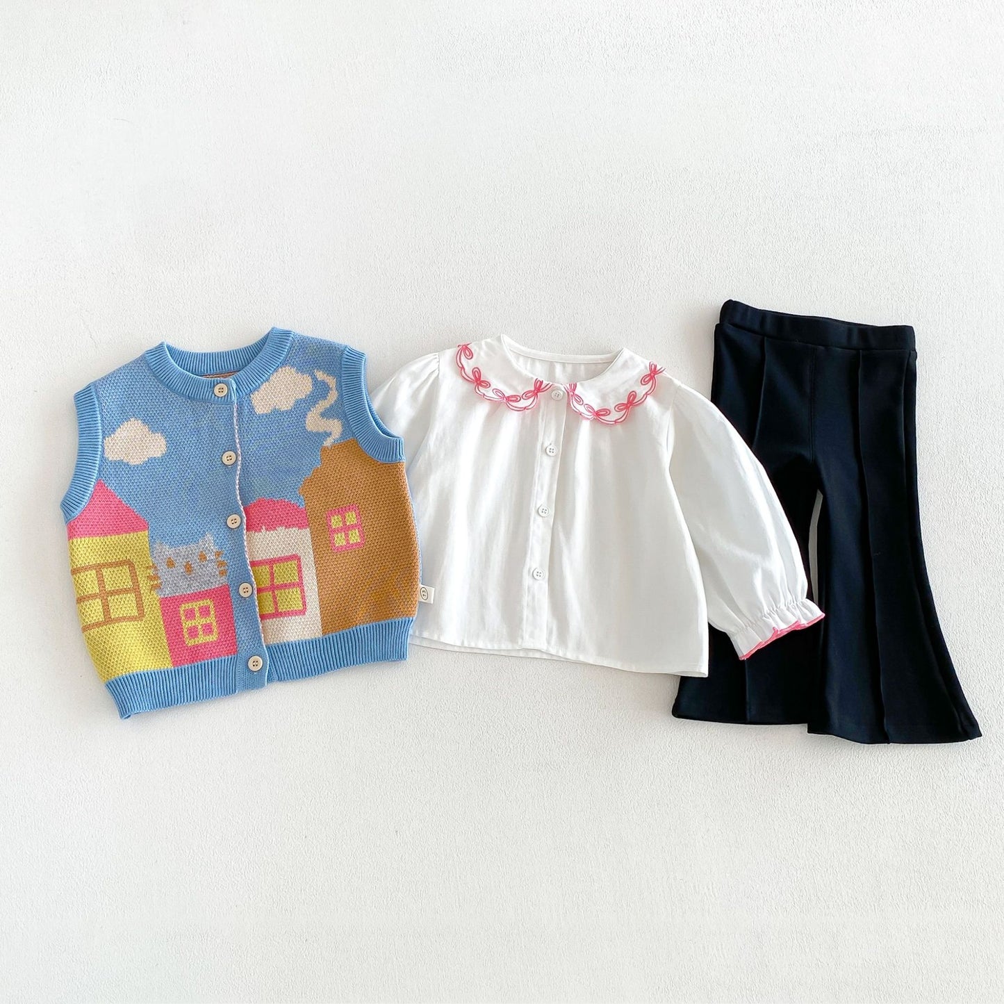 Chaleco de punto jacquard con motivo de casa para niños, cuello con volantes, blusa de manga larga y pantalones acampanados【mh0014046】