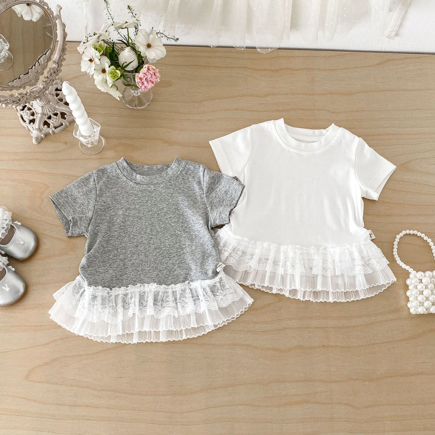 Tiered Lace Hem Ribbed T-shirt 裾フリルレース 半袖Tシャツ【mh0012702】