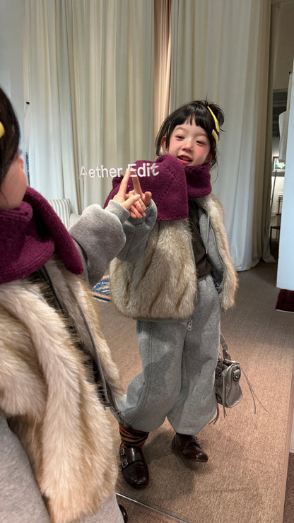 Kids' Set 2026 Winter Girls' Faux Fur Patchwork Sweatshirt Two-Piece Set, Thickened Fleece-Lined Kids Set Mo Xiao Meng【mh0014700】