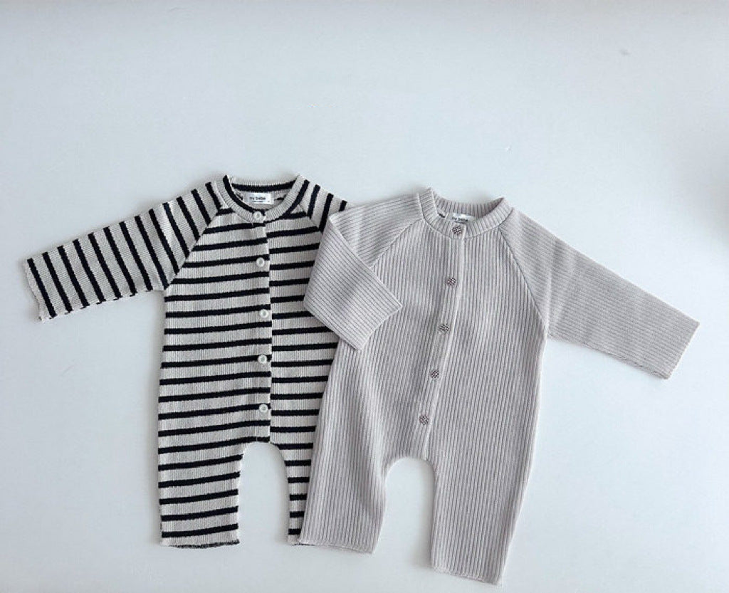 Body de bebé de punto canalé a rayas con botones frontales y manga larga【mh0014649】