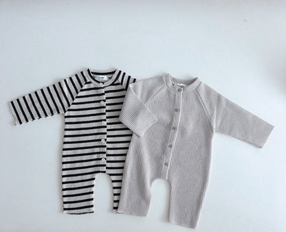 Body de bebé de punto canalé a rayas con botones frontales y manga larga【mh0014649】