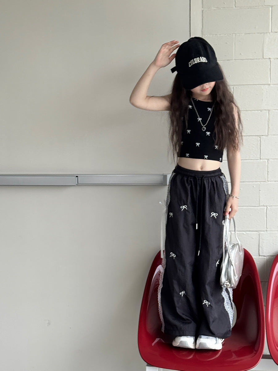 Ribbon Print Crop Top リボン ノースリーブTシャツ【mh0013064】
