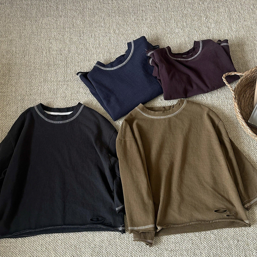 Kids' Distressed Stitch Loose Crewneck Long Sleeve T-Shirt [mh0014304]