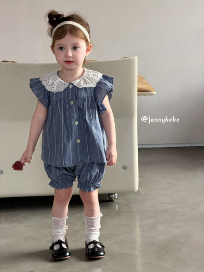 Lace Collar Stripe Cotton Set