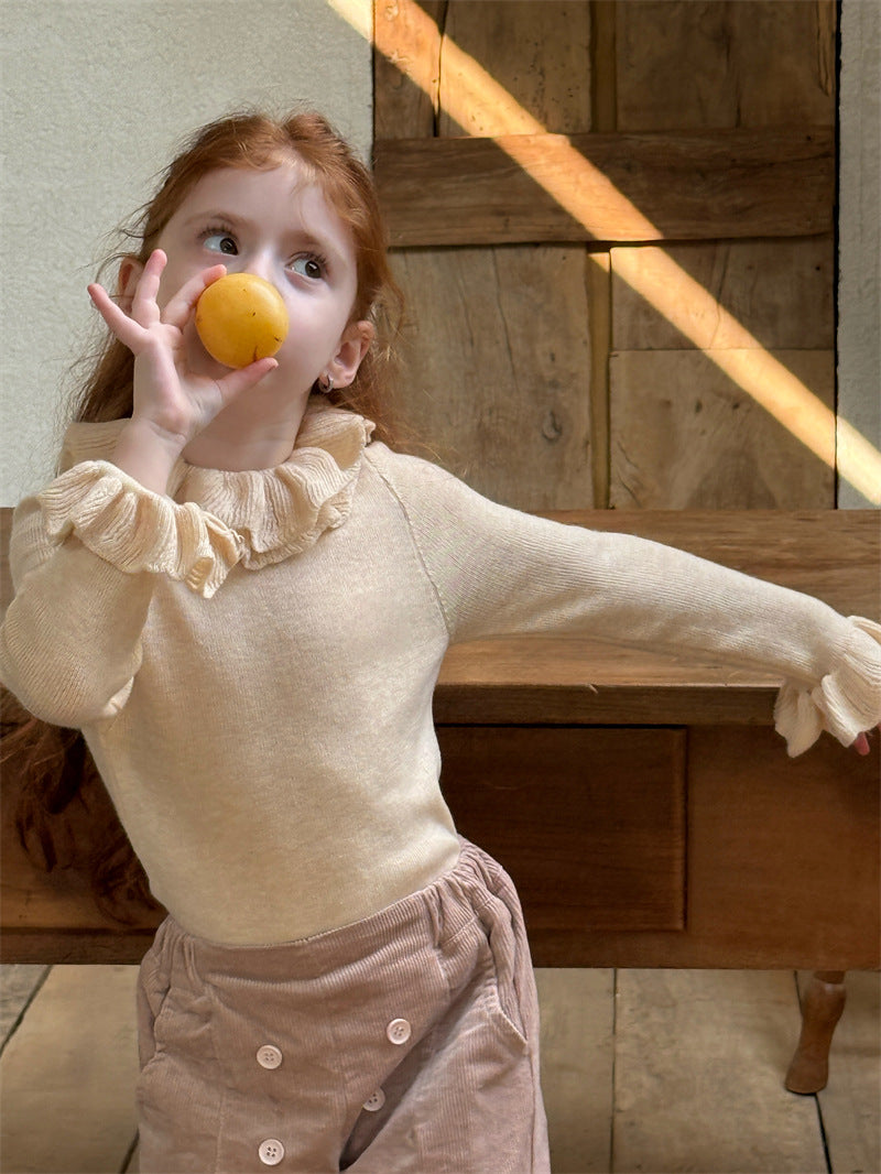 ニットトップス ラッフル襟 フリル袖 ハイネック シンプル 長袖【mh0011627】