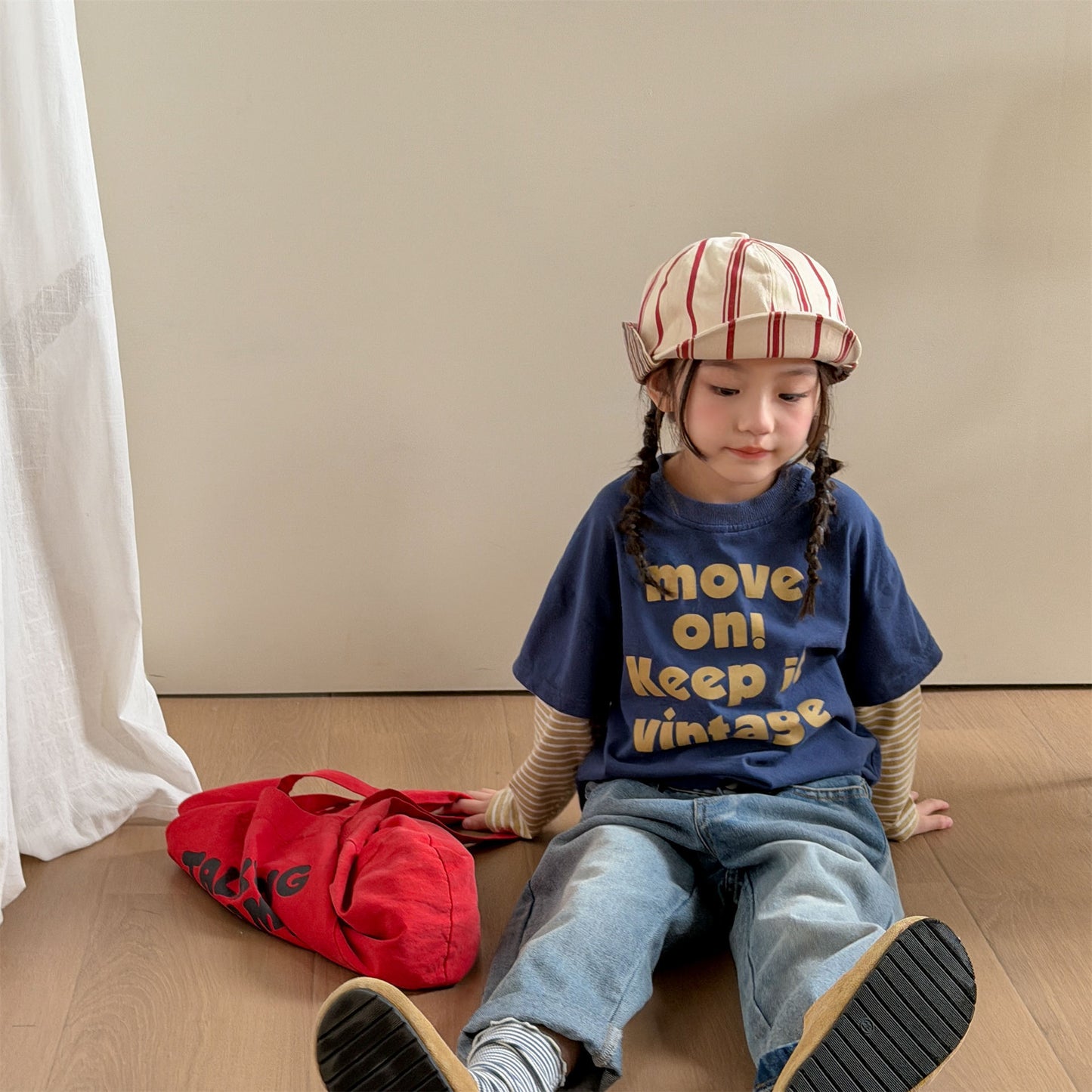 キッズ ボーダー レイヤード風 英字プリント ルーズ 長袖Tシャツ【mh0014068】