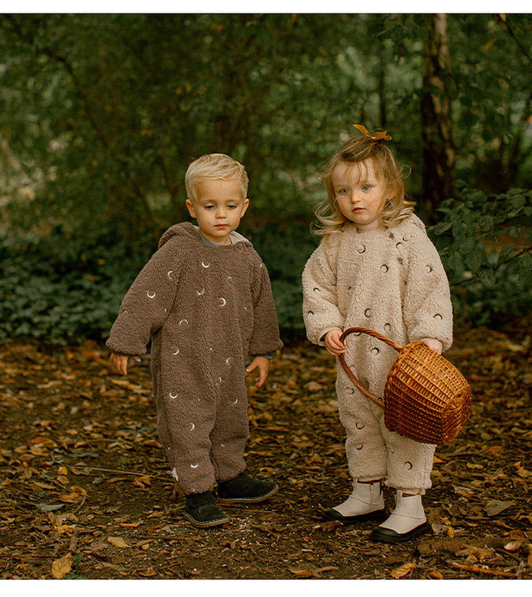 アウタージャンプスーツ 月星 ムーンスター刺繍 ボア 厚手 フード付【mh0011705】