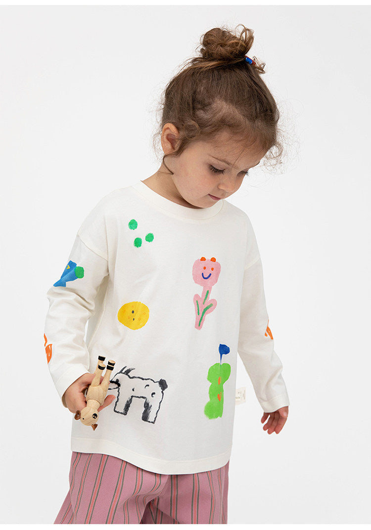 Camiseta de manga larga holgada con hombros caídos y estampado infantil [mh0014201]