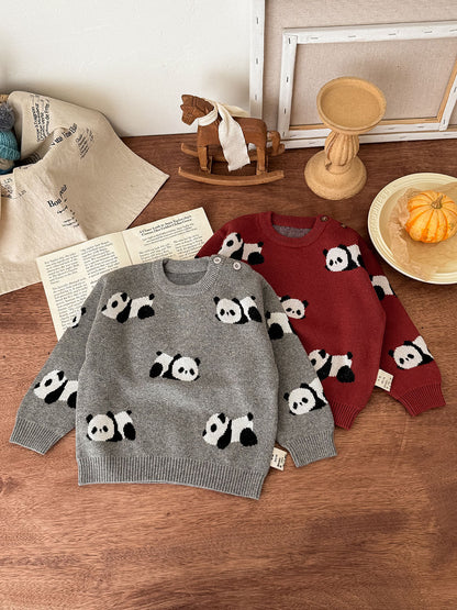 ニットセーター パンダ柄 厚手 クルーネック カジュアル トップス【mh0011691】