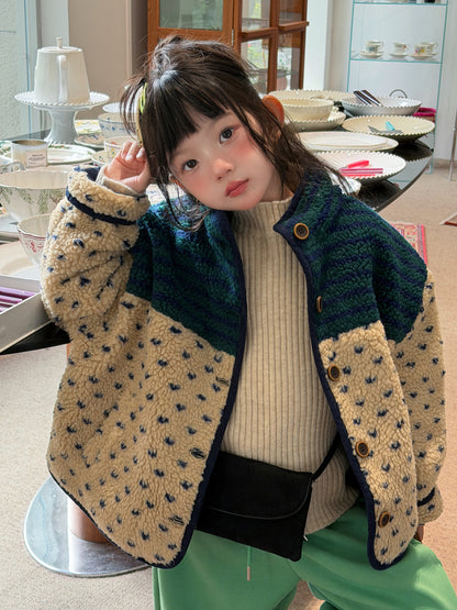 Mo Xiao Meng Children's Wool Sweater 2026 Winter Girls' Korean Color-Block Patchwork Sherpa Jacket Children's Thickened Cotton Jacket【mh0014694】