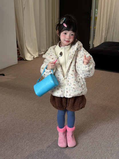 Children's 2026 Girls' Floral Lamb Shearling Hooded Jacket, Thickened Cotton-Padded Children's Coat, Warm Zipper Jacket【mh0014699】
