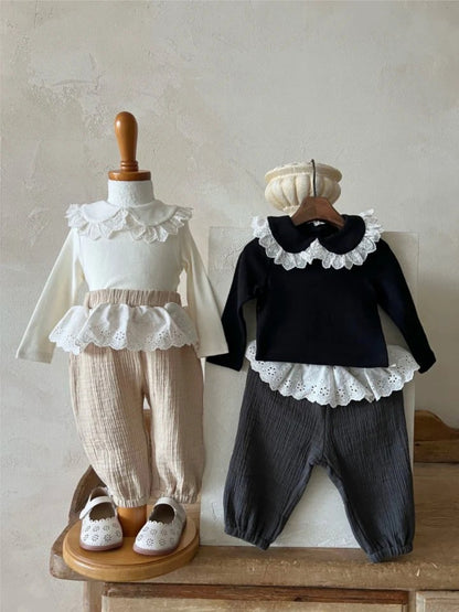 Camiseta de manga larga para bebé o niño/a con cuello de doble volante【mh0014704】