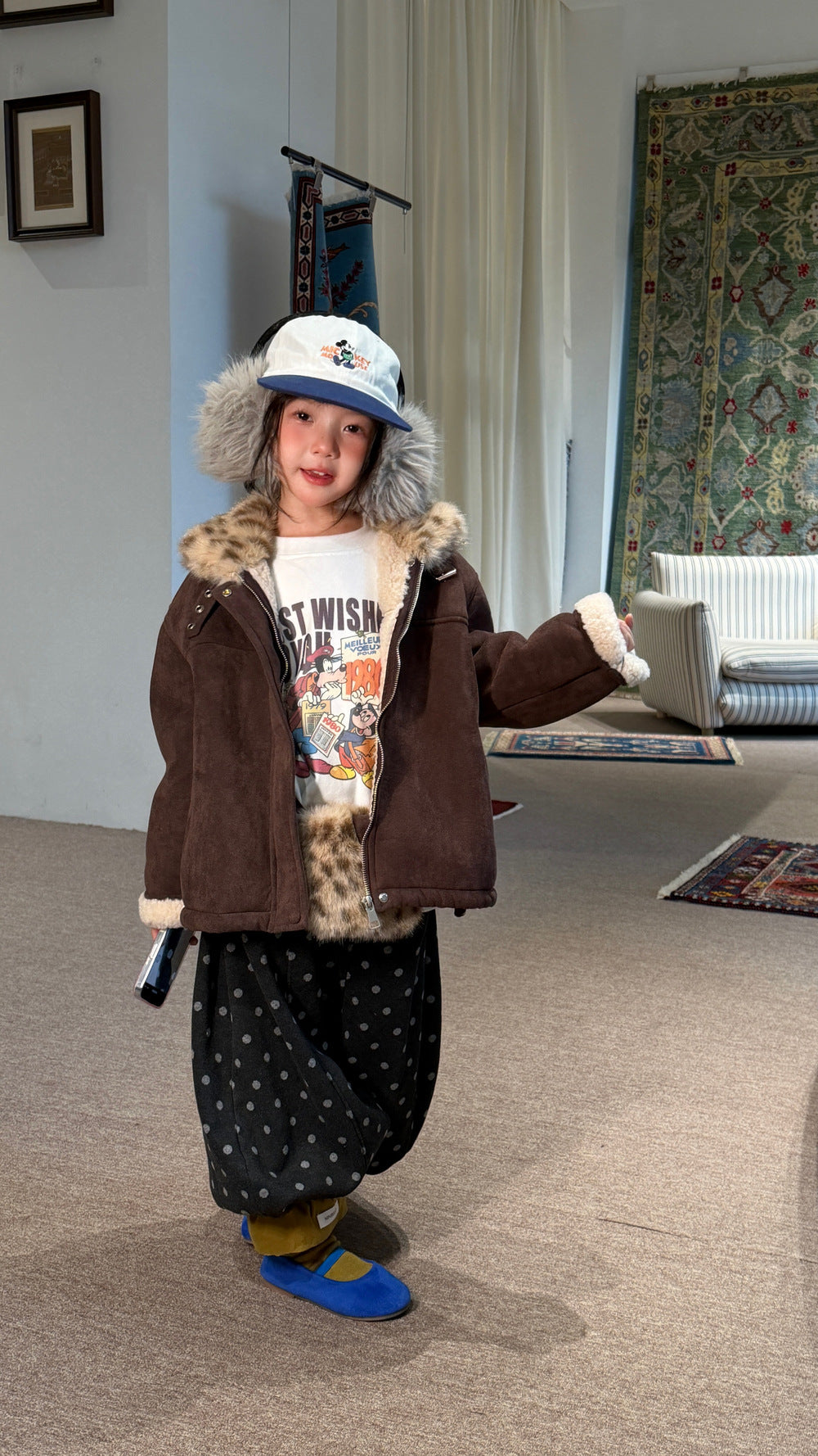 Chaqueta de antelina con cuello de pelo de leopardo y pantalones largos de lunares para niños y jóvenes 【mh0014693】