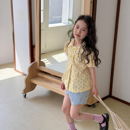 花柄コットンシャツ（イエロー系）、パフスリーブの前面