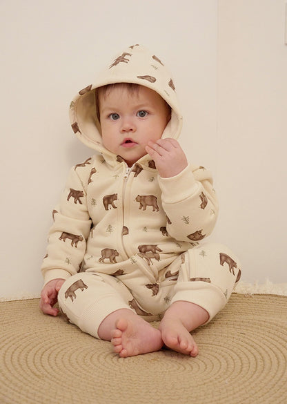 長袖ジャンプスーツ フーディジップアップ クマ柄 裏起毛【mh0011714】