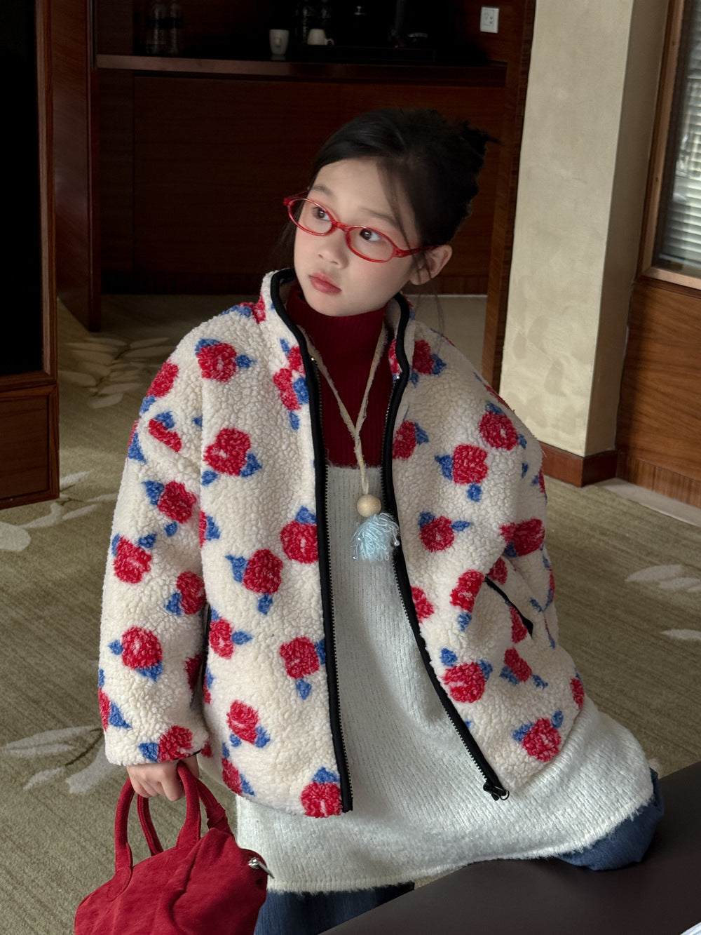 ボアジャケット キッズ フラワープリント 厚手 スタンドカラー カジュアル ジップアウター【mh0011686】