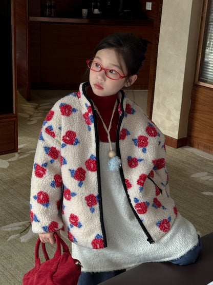 ボアジャケット キッズ フラワープリント 厚手 スタンドカラー カジュアル ジップアウター【mh0011686】