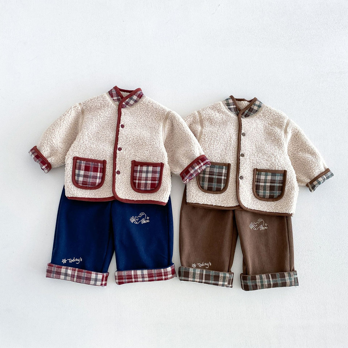 キッズ チェック リバーシブル ボアジャケット / ロールアップ 刺繍 ストレート ロングパンツ【mh0014765】