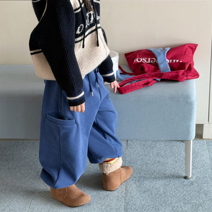 Pantalones largos de felpa para niños, corte holgado con cintura elástica y forro polar [mh0014538]