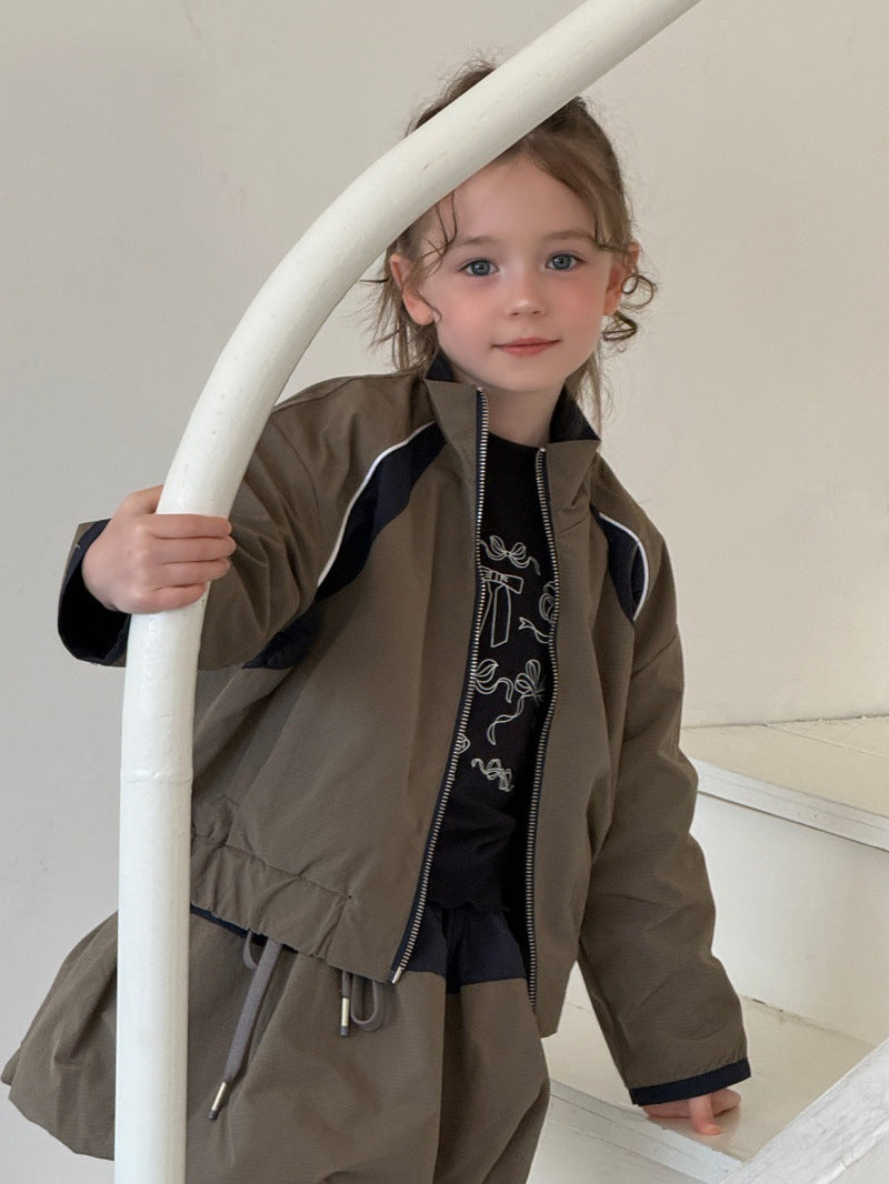 Kids' Colorblock Stand-Collar Long-Sleeve Jacket & Mini Skirt Set [mh0014079]