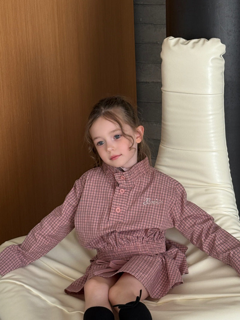 Kids' Plaid Stand-Collar Ruffled Long-Sleeve Shirt and Miniskirt Set [mh0014078]