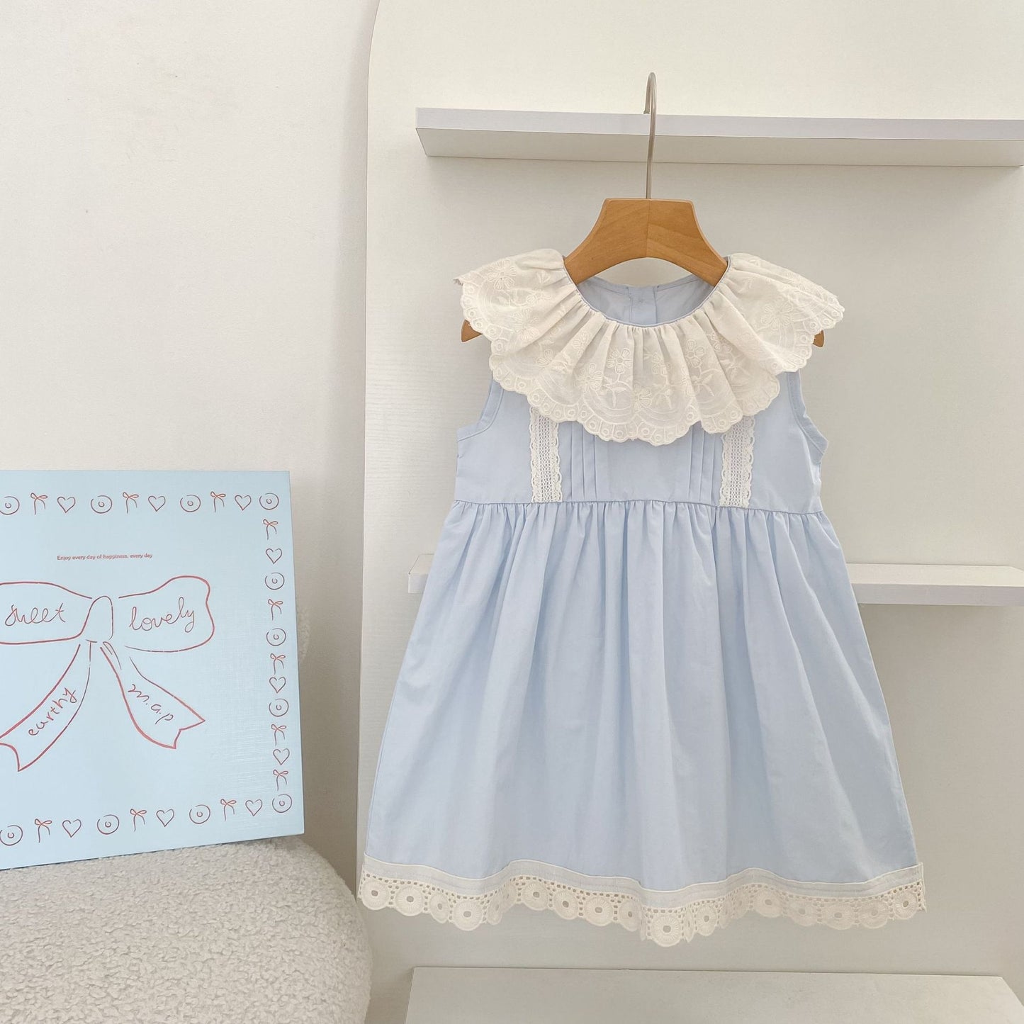 Vestido midi tipo pelele con cuello de encaje con volantes【mh0013162】