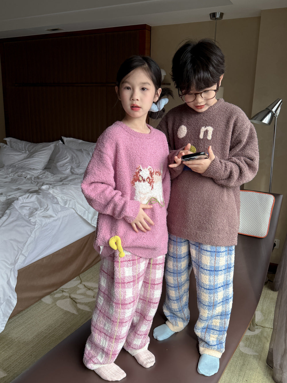 パジャマ キッズ モコモコ 裏起毛 厚手 セットアップ チェック柄 ルームウェア【mh0011660】
