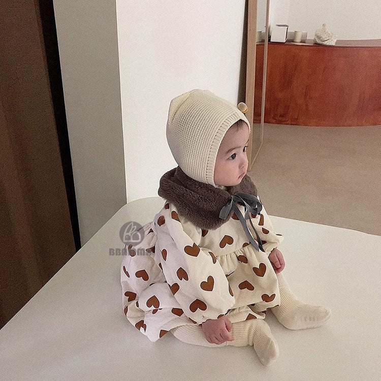 Faux Fur Collar Printed Padded Dress 花柄 ハート柄ワンピース【mh0012634】