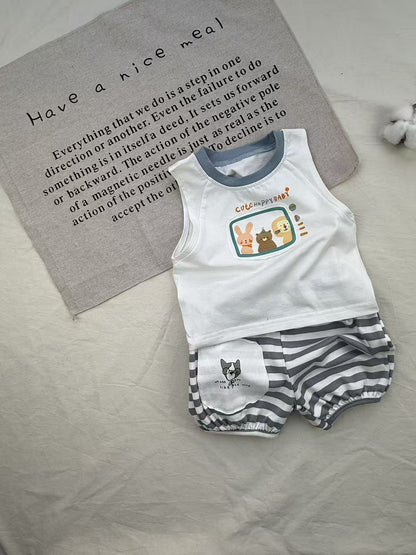 Retro Animal Stripe Tank Top Set ボーダー ノースリーブ ショートパンツ セット【mh0012910】