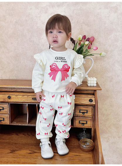 長袖セットアップ リボンプリントフリルスウェットシャツ/スウェットパンツ【mh0011722】