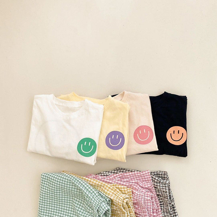 Smiley Long Sleeve Tee & Plaid Pants Set スマイル プリント チェック柄 セットアップ【mh0012672】