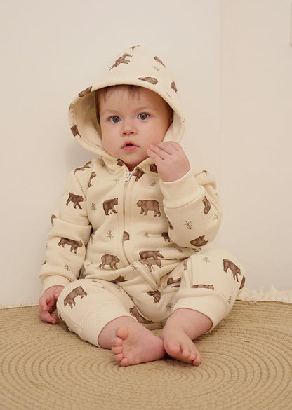 長袖ジップアップジャンプスーツ フーディロンパース ベアくまプリント【mh0011721】