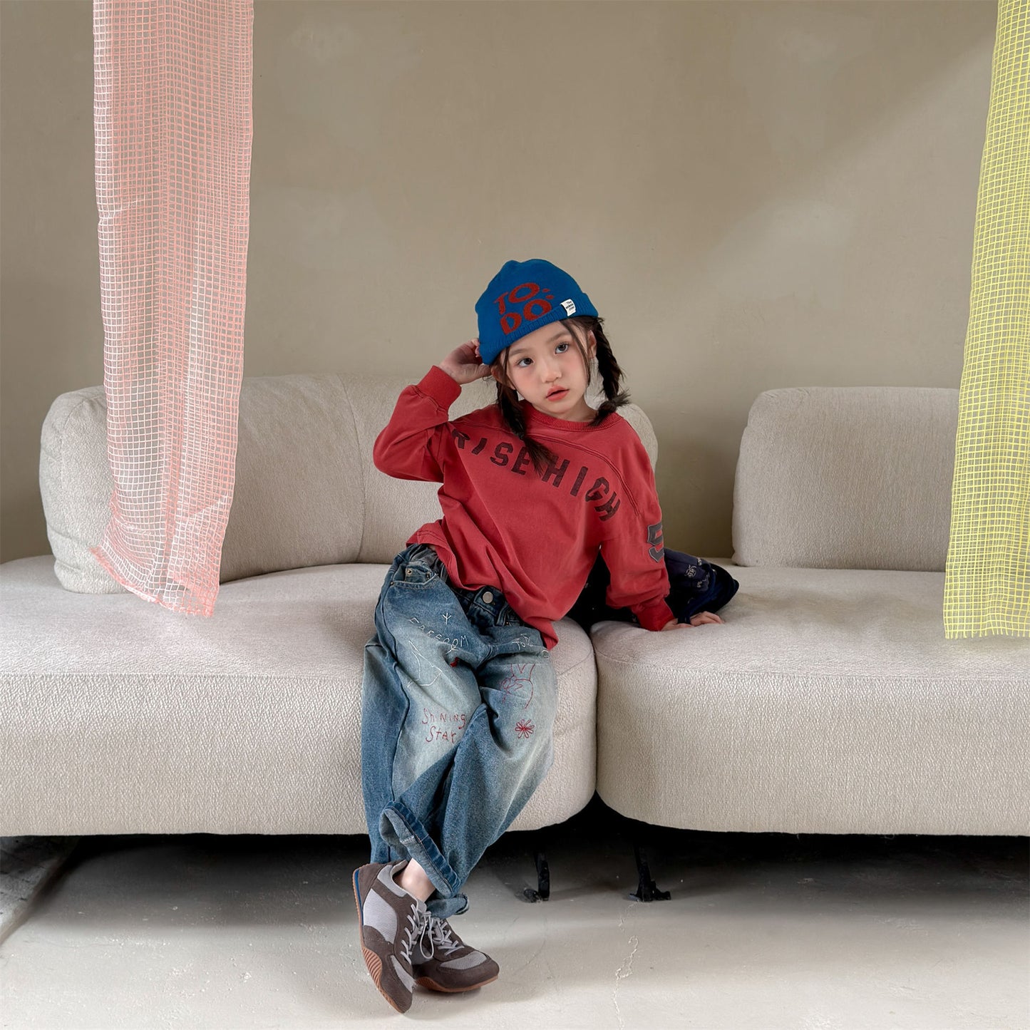 Kids' Hand-Drawn Print Pocket Loose Denim Pants [mh0014063]