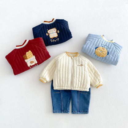 キッズ アップリケ 刺繍 キルティング 中綿ジャケット / デニムパンツ【mh0014763】