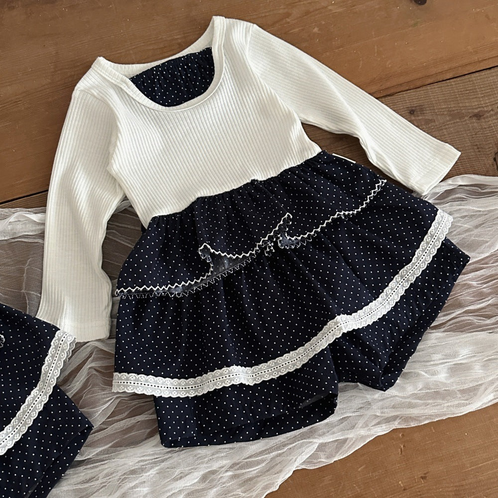Baby Kids Polka Dot Ribbed Long Sleeve T-Shirt and Culottes Set