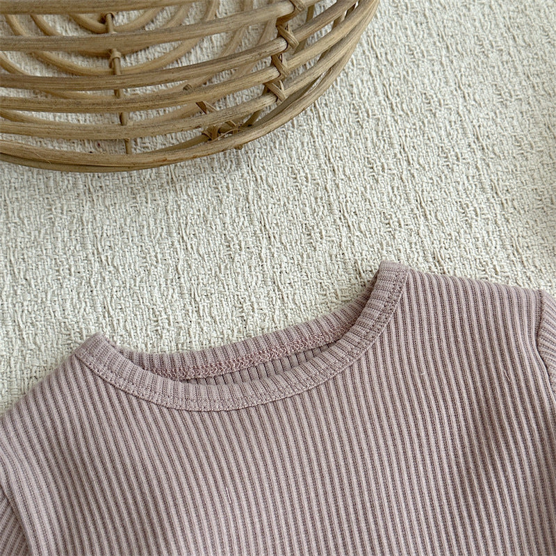 Conjunto de camiseta de manga larga acanalada con volantes y lazo para niña y pantalón acampanado【mh0014151】