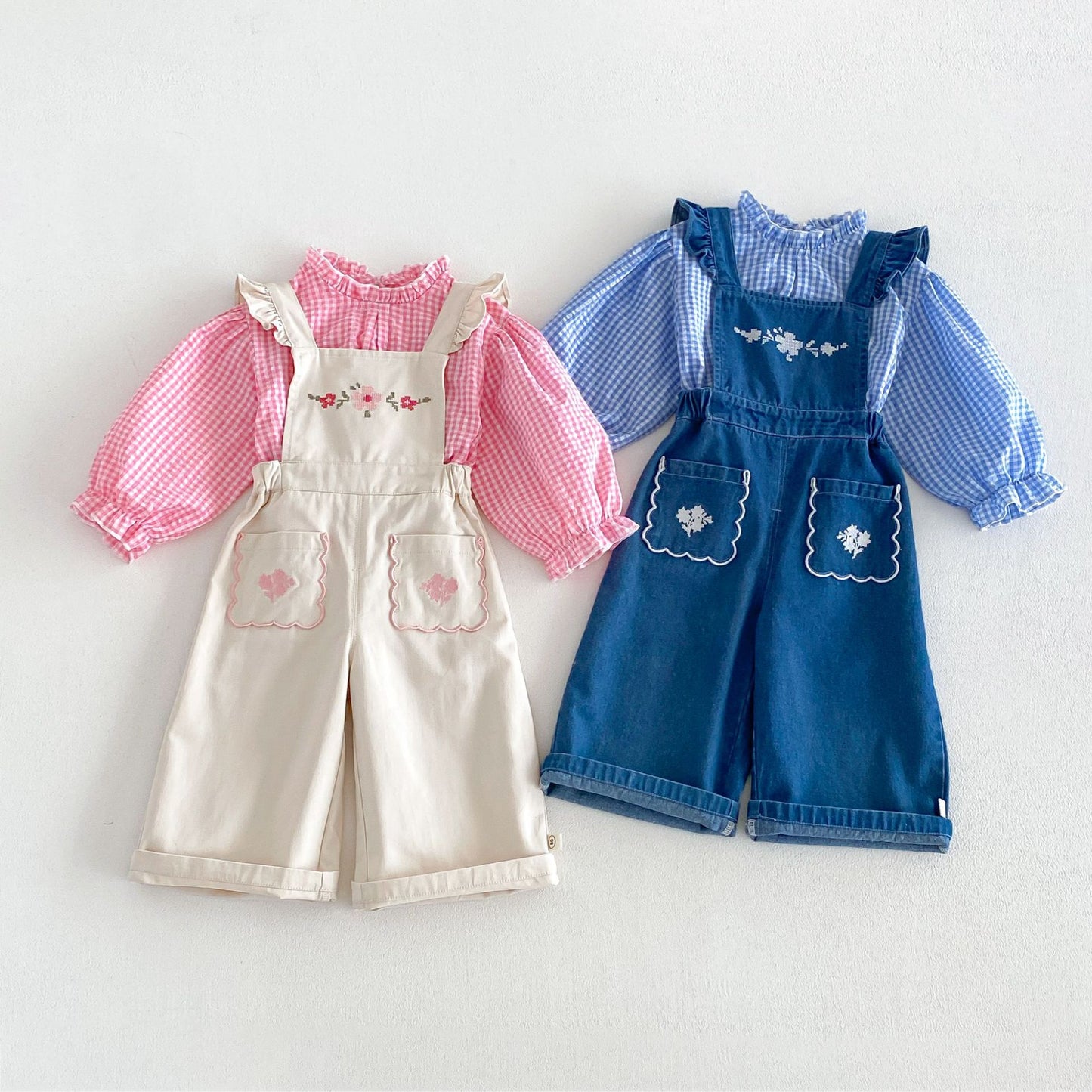 Blusa de manga larga con estampado de cuadros vichy para niños, con bordado floral y peto con pantalón [mh0014043]