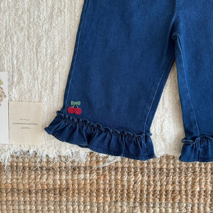 キッズ フラワー チェリー 刺繍 フリル ニット ベスト 長袖 ブラウス ワイド デニムパンツ【mh0014607】