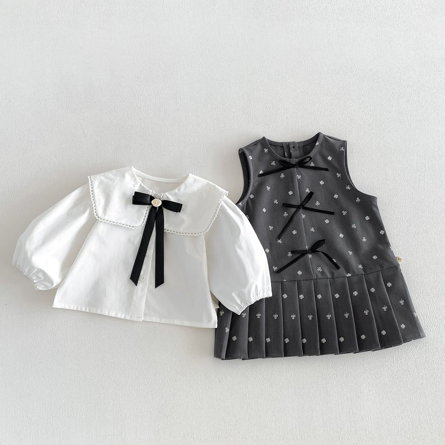 Camisa de manga larga con cuello grande y lazo, y pichi para niños [mh0014034]