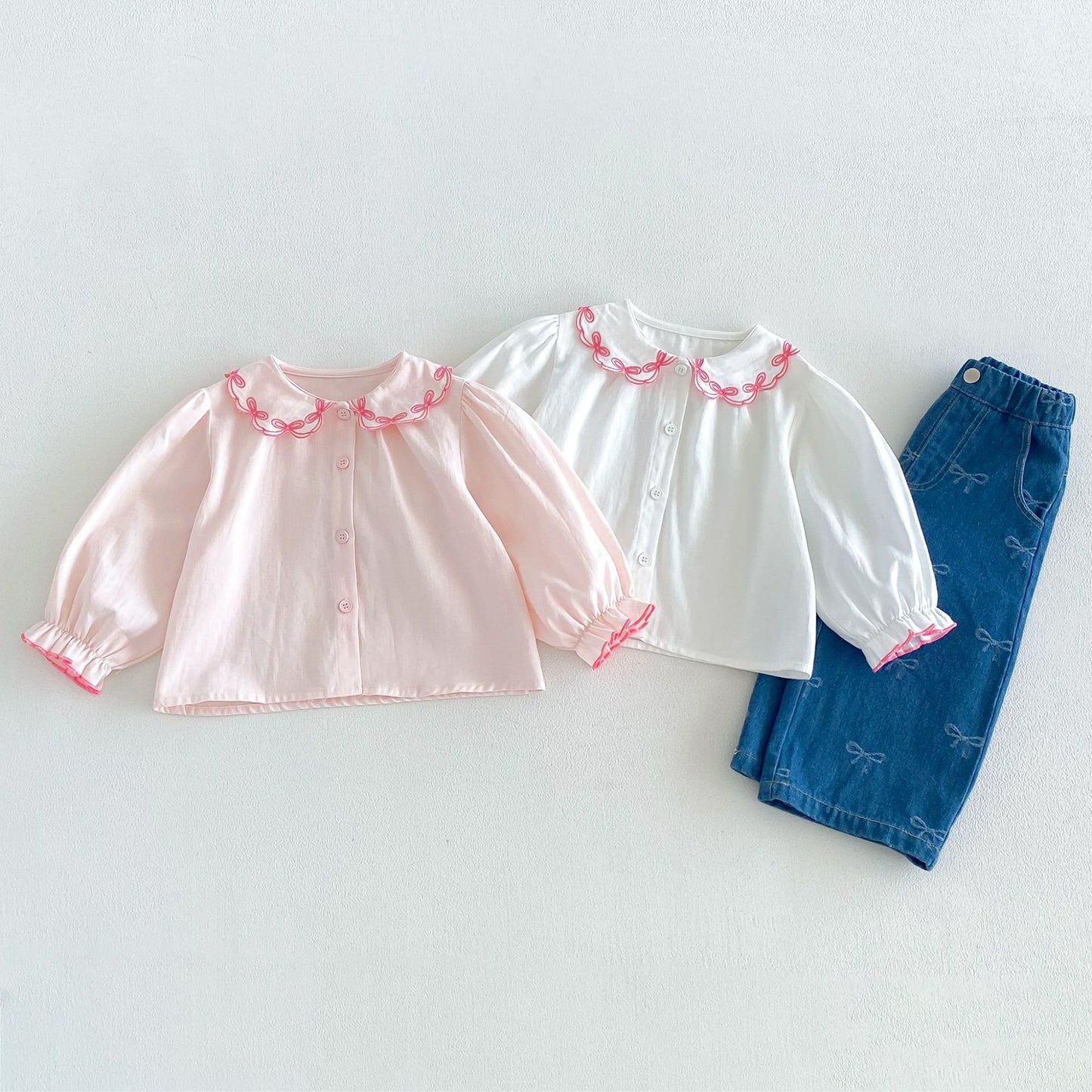 Blusa de manga larga para niños con cuello con volantes y ribetes 【mh0014047】